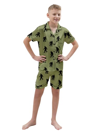 Schbbbta Boys Silk Pajamas Set Button Down Short Sleeve 2 Piece Sleepwear, Orangutan Green, 11-12 Years = Tag 1604