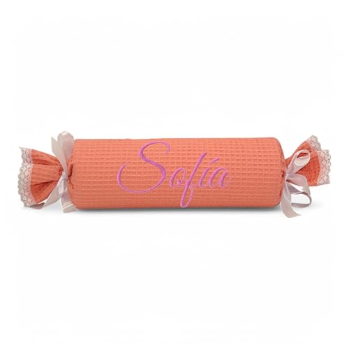 variouss Cojín Caramelo para Bebé Personalizado, Cojín en Tejido Piqué Waffle Suave, Cojín Decorativo Infantil Disponible en Amplia, Regalo para Recién Nacido (Rosa Maquillaje)