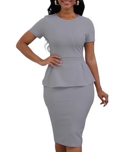 Image of PerZeal Women's Fashion Peplum Bodycon Short Sleeve Work Dresses Bow Club Ruffle Pencil Formal Cocktail Dress