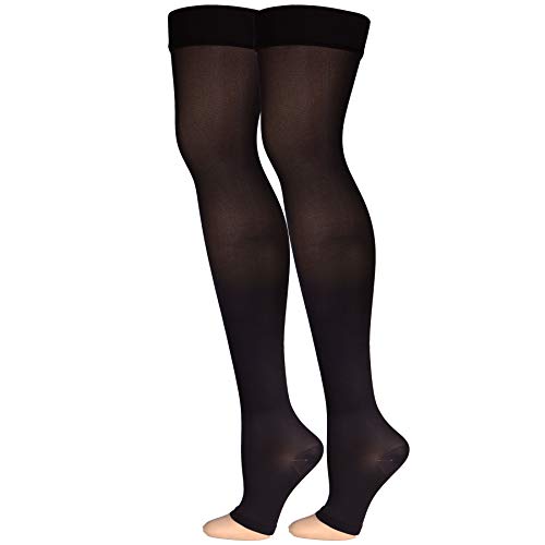 Image of NuVein Medical Compression Stockings, 20-30 mmHg Support, Soft Comfort Microfiber, Thigh Length, Open Toe, Black, Small