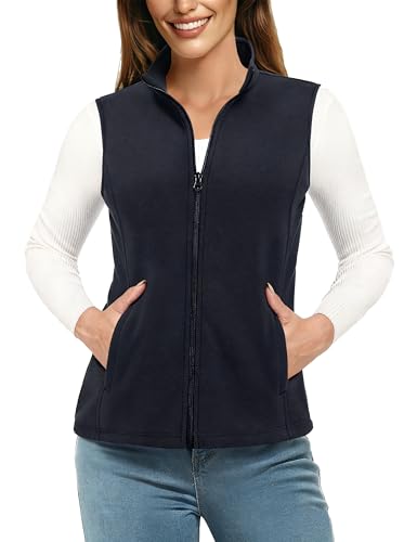 TACVASEN Fleece Vest Damen Outdoor Ärmellos Jacke Warm Fleeceweste Standkragen mit Reißverschlusstaschen Sportweste Schwarz L