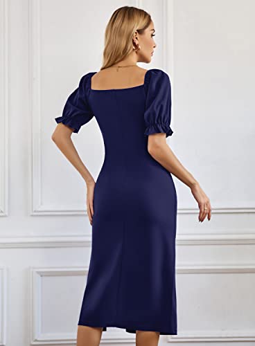 Souqfone Midi Dresses For Women Puff Sleeve Square Neck Wedding Guest Dress Ruched Elegant Cocktail Dress Long Stretchy Bodycon Dress-L,Navy Blue #TOP2