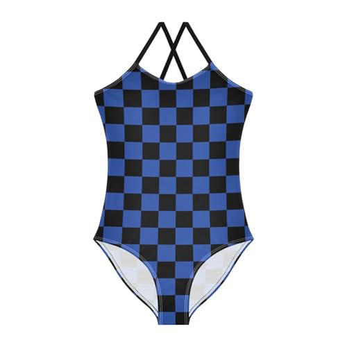 Image of Black and White Chess Girls One Piece Swimsuits Board Marble Tile Sport Halter Swimwear Beach Bathing Suit 3T
