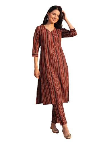 Image of INDO ERA Women Pure Cotton Striped Printed Kurta & Pant Set |Cord Set For Women Cotton