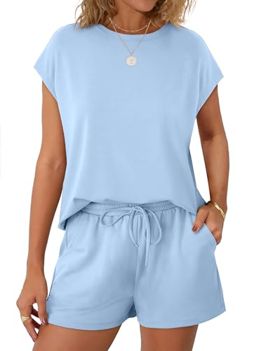Image of WIHOLL Two Piece Sets for Women Summer Crew Neck Lounge Short Sets Cap Sleeve Drawstring Sweatsuit with Pocket