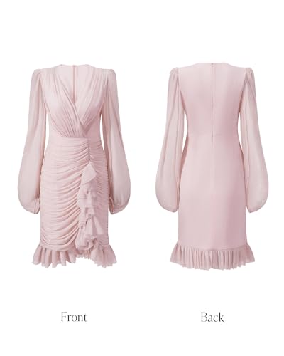 Women’s V Neck Long Sleeves Ruched Ruffle Dress Elegant Glossy Bodycon Party Vacation Cocktail Prom Mini Dress-Pink4