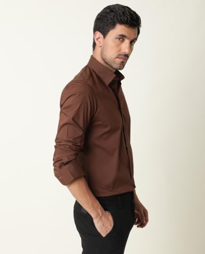 Rare Rabbit Men Regular Fit Solid Brown Cotton Button-Down Long Sleeve Shirt | - Image 6