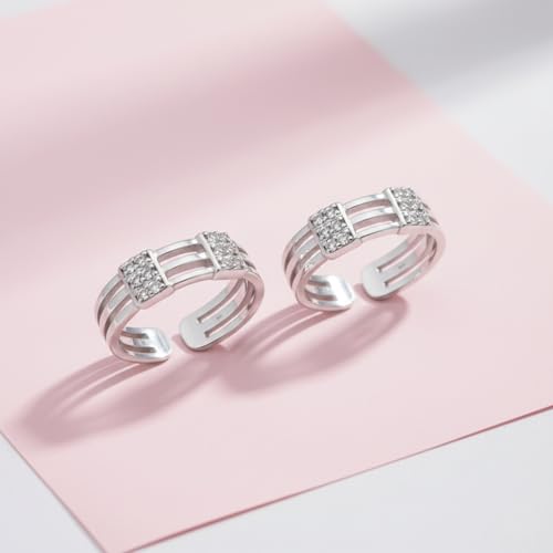 Image of Parnika 925 Sterling Silver Adjustable Toe Ring for Women | Triple Band CZ Studded Open Toe Ring | Hallmarked Pure Silver Foot Jewelry