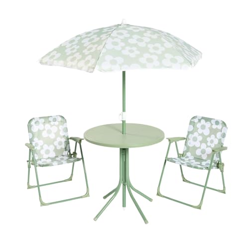 OHS Kids Table and Chair Sets Daisy Print Garden Furniture 4 Piece Kids Outdoor Table and Chairs 2 with Parasol Patio Outdoor Dining Set Folding Chair for Playtimes Balcony Bistro Set Sage Green