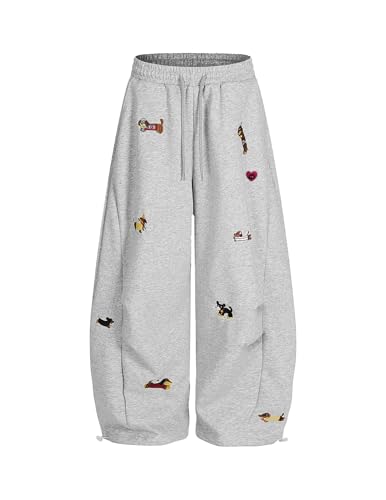 Aelfric Eden Embroidery Puppy Baggy Barrel Sweatpants Casual Y2K Elastic Drawstring Unisex Wide Leg Pants Lantern Trouser Grey S