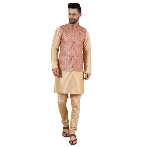 WINTAGE Men's Digital Print Cotton Silk Gold Modi Nehru Jacket & Kurta Payjama Set