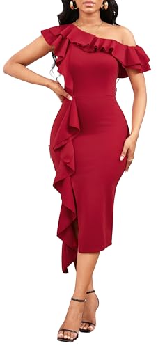Image of Dresses for Women Elegant Long Sleeves Ruffles Pencil Knee Length Split Business Dress with Belt Zipper
