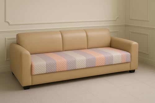 Image of Pastel Stripes Quilted Velvet Sofa Cover - 5-Seater (3+1+1) - Modern Pastel Look - Non-Fading Color - Couch Cover - Made in India - Durable Daily Use - Seat-Only Protector - Home Decor