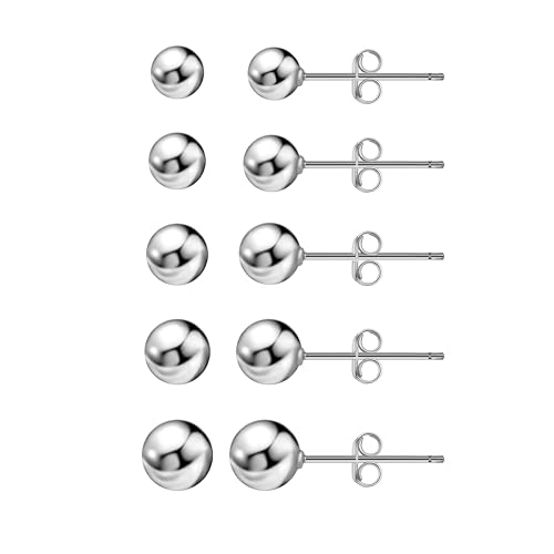 Ball Earrings for Women, S925 Sterling Silver Ball Stud Earrings for Multiple Piercings 5 Pairs Different Sizes (3mm-7mm) Gold Tiny Stud Earrings Set for Women Men