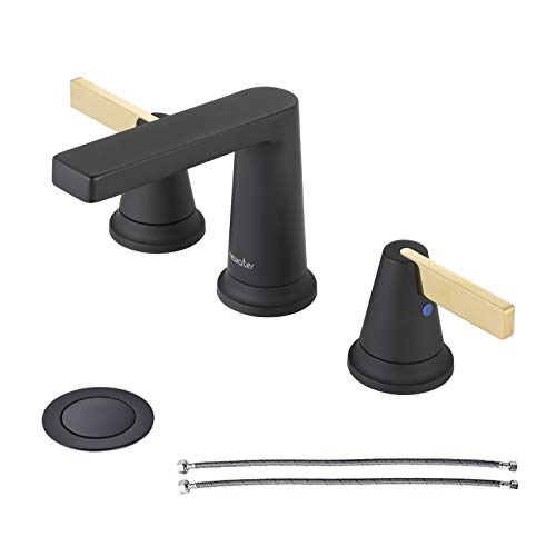NEWATER 2-Handle Brass Modern Bath Vanity Faucets Widespread Bathroom Sink Faucet 3-Hole Rv Commercial Lavatory Faucet with Metal Pop-up Drain & Supply Lines,Matte Black