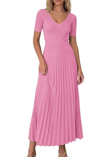 Image of PRETTYGARDEN Women's 2026 Spring Midi Sweater Dresses Elegant Pleated Ribbed Knit Short Sleeve V Neck A Line Summer Outfits