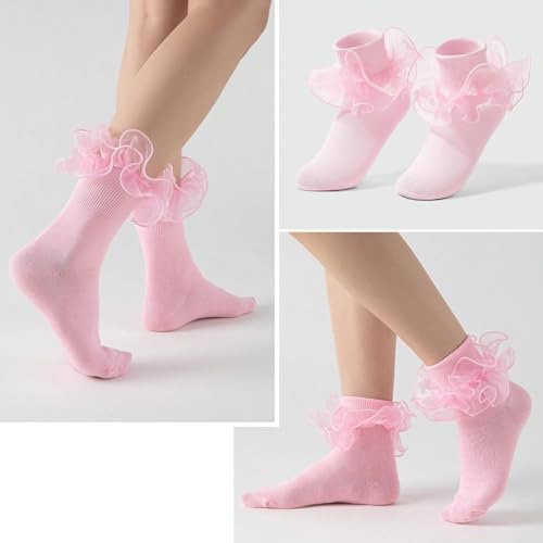Image of Women Big Ruffle Ankle Socks Adult Double Lace Frilly Turn Cuff Dress Socks Cotton Cute Fancy Bobby Crew Socks
