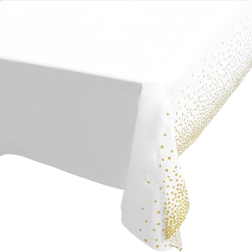 6 Pack Gold Dot Tablecloths for Rectangle Tables, 54" x 108" White Plastic Tablecloths Disposable Waterproof Party Table Cloths Gold Dot Confetti Table Cloth for Outdoor Birthday Party - Image 5