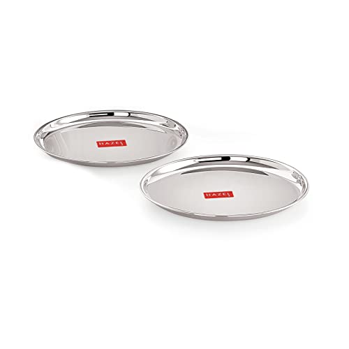 Image of HAZEL Stainless Steel Breakfast Plate with Glossy Finish | Quarter Plates for Kids Serveware Tableware | Thali Plates for Kitchen | Dinner Plates Set of 2, 23.5 cm