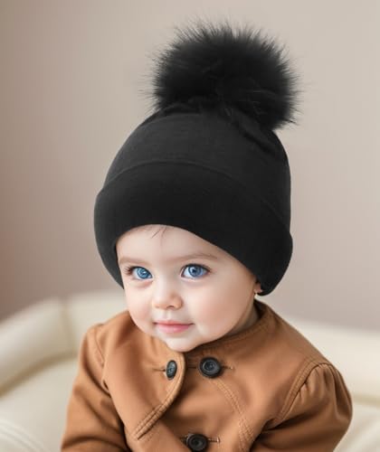 Baby Beanie Hat, Infant Toddler Warm Cotton Hat with Pom,Unisex Baby Soft Cotton Hats Caps2