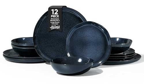 Herogo 12pcs Stoneware Dinnerware Sets for 4, Irregular Handmade Dinner Plates and Bowls, Kitchen Dining Dish Dishware Set, Microwave & Dishwasher Safe, Starry Blue