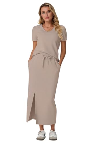 Image of GRECERELLE Women Summer Casual 2 Piece Sets V-Neck Wrinkle-Free Top & Elastic Waist Midi Side Slit Skirt with Pockets