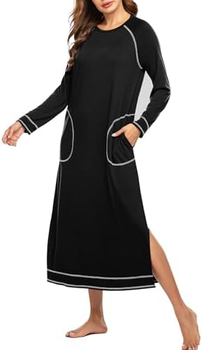 Ekouaer Women's Nightshirt Long Sleeve Nightgown Round Neck Sleepwear Full Length Pajama Dress with Pockets Loungewear S-XXL