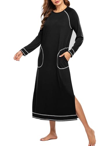 Ekouaer Women's Nightshirt Long Sleeve Nightgown Round Neck Sleepwear Full Length Pajama Dress with Pockets Loungewear S-XXL