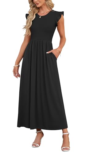 AUSELILY Damen Kurzarm Loose Hohe Taille Long Maxi Kleider mit Taschen Rundhalsausschnitt Eleganter Abendkleider Schwarzes XL