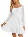 Wenrine Women's Mesh Long Sleeve Square Neck Dress High Waist A Line Ruffle Hem Flowy Casual Party Mini Dress White