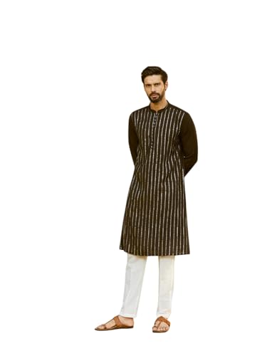 Image of See Designs Men Full Sleeve Chanderi Silk Sequins Mandarin Collar Side Slit Kurta