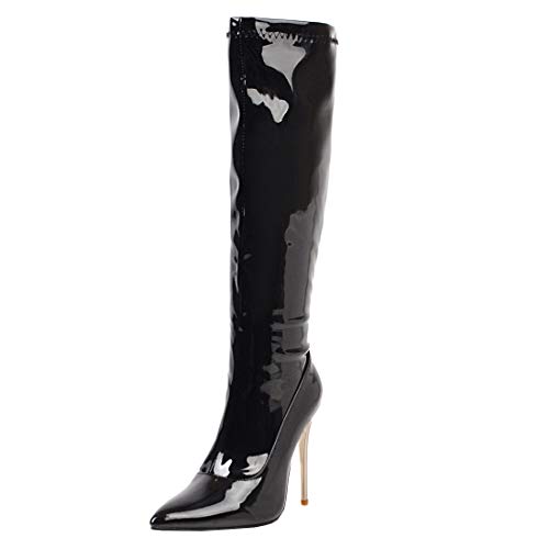 MISSUIT Damen Lackstiefel Kniehoch Spitze High Heels Stiefel...