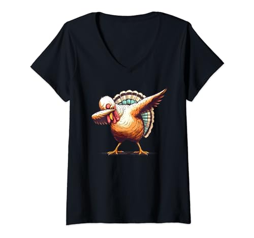 Funny Dabbing Turkey Thanksgiving Day Pilgrim Boys Girls Dab Maglietta con Collo a V