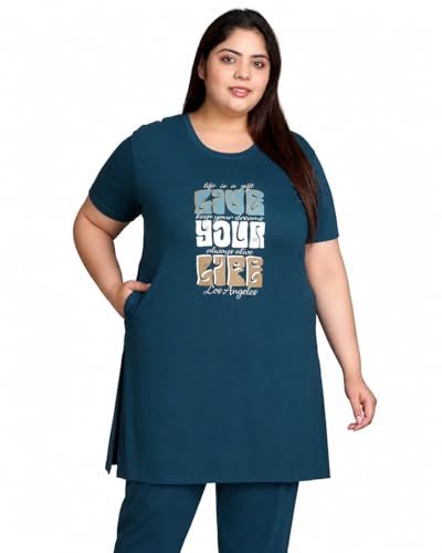 Image of In Love Women Cotton Regular Fit Plus Size Long-Line Chest Print T-Shirt with Pocket