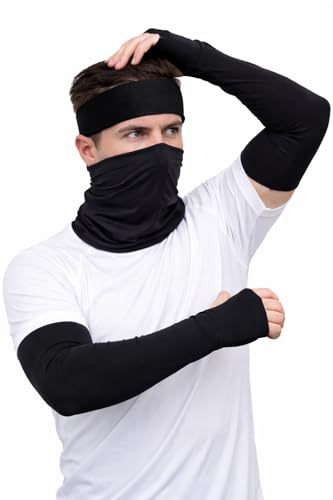 unisex Cotton Multi Sports Accessory Sleeves + Bandana/Face Shield/Cover + Headband Uv Sun Protection,Neck Gaiter/Warmer Mask Hairband Balaclava/Riding Accessory/Hiking/Runing,Black