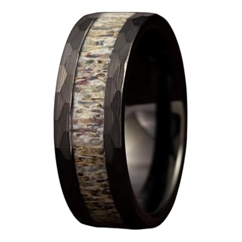 Gentlemen's Bands Black Wedding Band for Men | Hammered Tungsten Rings for Men With Deer Antler Inlay, 8mm | Includes Silicone Band, Walnut Box, and Leather Pouch Gift Set | Engagement, Promise Ring