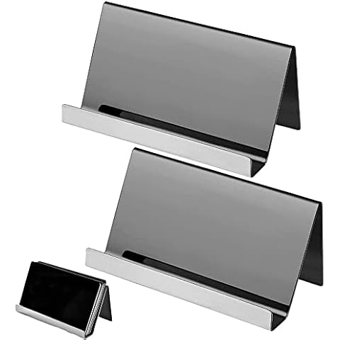 Desktop Card Display, 2 Pieces Stainless Steel Business Card Holder, Stainless Steel Name Card Holder, Metal Business Cards Stand for Business Card, Office Desk, Hotel Reception (Black) Cover