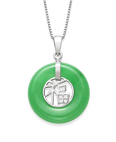 Belacqua Natural Green Jade Chinese Symbol Fu Good Luck Pendant Necklace in Sterling Silver, 20mm Round, 18