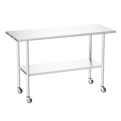 Image of Atelicf NSF Stainless Steel Prep Table 24X60 inch, Flat Top & Casters | Mobile commercial-grade table for restaurants, kitchens, food trucks, breweries, bars, garages, and BBQ