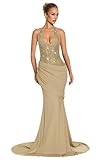 Prom Dresses Long for Women 2026 Mermaid Sequin Halter Satin Evening Dress with Train V Neck Pleated Corset Cocktail Party Gowns Taupe US12