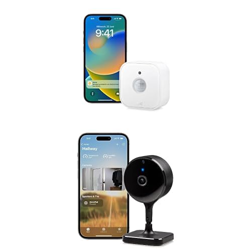 Bundle of Eve Motion (Matter), Bewegungsmelder mit Lichtsensor (Innen-/Außenbereich),+ Eve Cam - Smarte Innenkamera, 1080p-Auflösung, HomeKit Secure Video, Mitteilung auf iPhone, Mikrofon und Speaker
