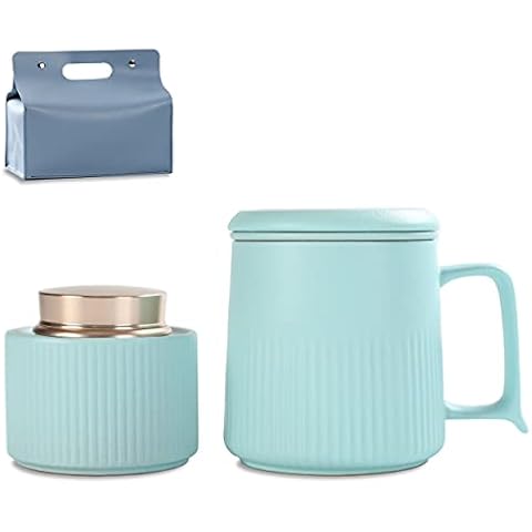 TEANAGOO Ceramic Tea Cup with Infuser and lid & Canister, 2 Pcs/ Set with Luxury Leather Bag, Best Gift for Tea Lover, 12 Oz, Q4, Lt.Blue, Stoneware Glazed. Japanese Tea Cup Best Tea Infuser Mug Cover