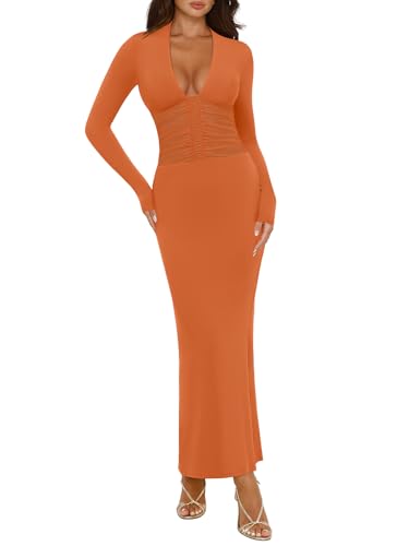 REORIA Women's Sexy Deep V Neck Long Sleeve Dress Mesh Sheer Ruched See Through Bodycon Maxi Long Dresses Harvest Pumpkin Large