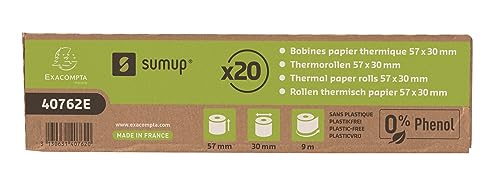 Exacompta SumUp 40762E 20er Pack Thermorollen für SumUp 3G+ und SumUp Solo Geräte, 1-lagig, Breite: 57mm, Länge 9m, ohne Kern, Kernlose Kassenrolle 55g/m² Bonrolle für SumUp Drucker extra-weiß