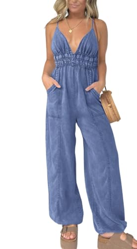 utcoco Womens Smocked Elastic Waist Denim Jumpsuit Sleeveless Adjustable Straps Wide Leg Jeans Overall Jumpsuits (X-Large, Dark Blue)