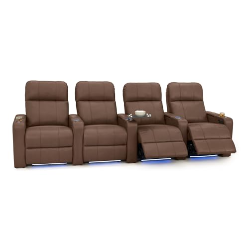 Image of Seatcraft Monterey Home Theater Seating Tobacco Row of 4 | Italian Leather, Wall Hugger, Zero Gravity, Powered Headrest, Power Recline, Zero Gap, USB charging
