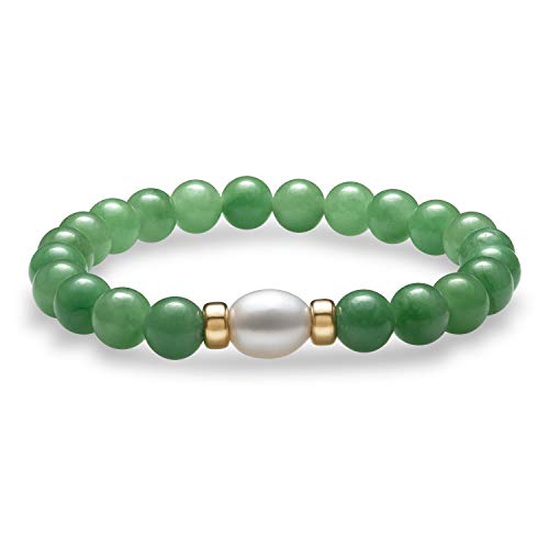 Belacqua Natural Green Jade or Milkly Blue Aquamarine and Freshwater Pearl Stretch Bracelet in 14K Yellow Gold Beads, Length 6.5 to 8.5 Inches, Jewelry for Women, Gift Box Included2