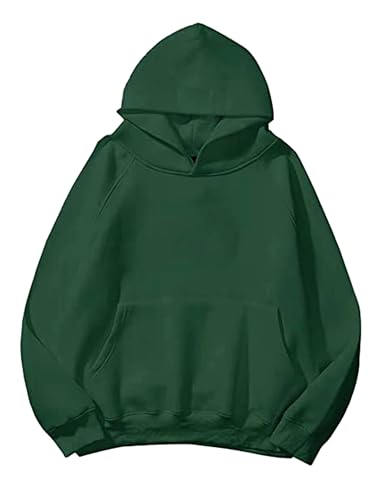 Lauweion Women Solid Basic Fleece Letter Loose Hoodie Sweatshirt Long Sleeve Kangaroo Pocket Drop Shoulder Pullovers Top Green