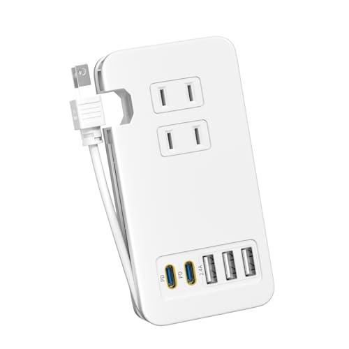 TOPWE 電源タップ USB-C Type-C usb付き PD 52W USB コンセント 延長コード USB-Cポート USB-A ポート ACコンセント搭載 ケーブル収納式 PSE技術基準 AC1400W出力 急速充電器 iPad iPhone Xperia Galaxyなど対応 ホワイト (2つUSB-Cポート＋3つ USB-Aポート・電源タップ本体)