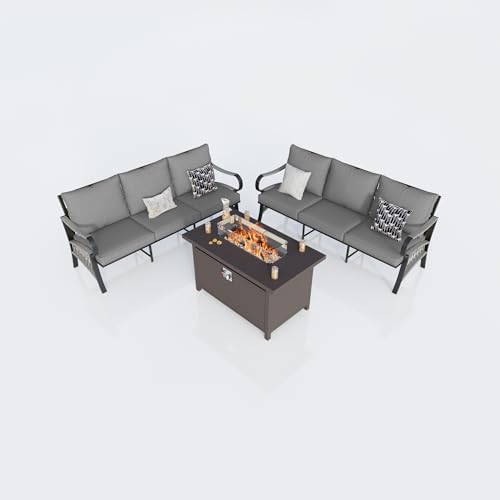 Image of Outdoor Furniture Set, Patio Conversation Set Include 2 x 3-Seater and Fire Pit Table for Deck, Porch, Garden, Backyard, Poolside (Gray, 3-Piece)